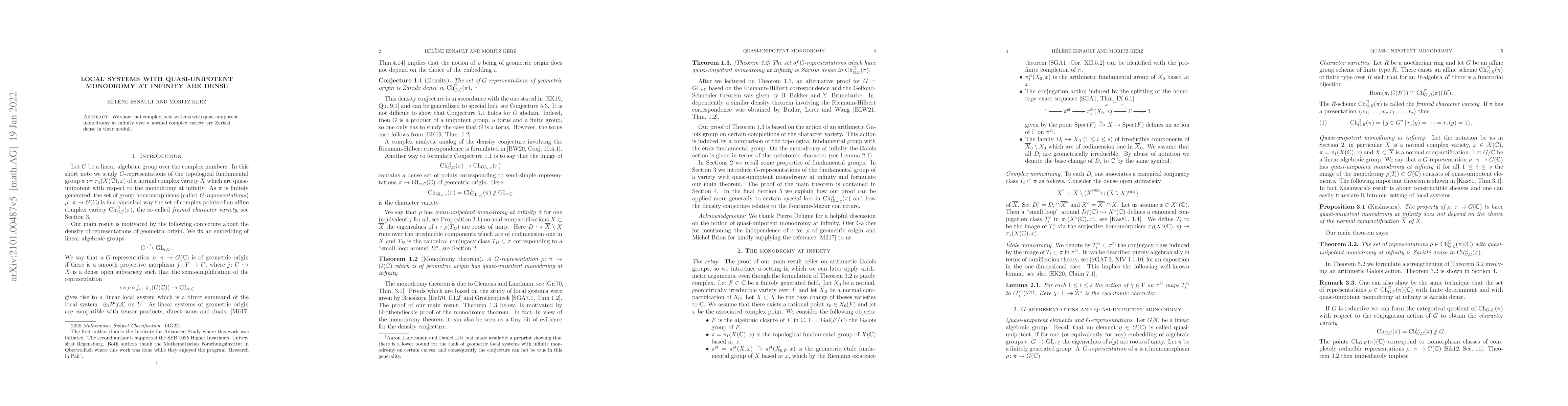 Thumbnail for Local systems with quasi-unipotent monodromy at infinity are dense