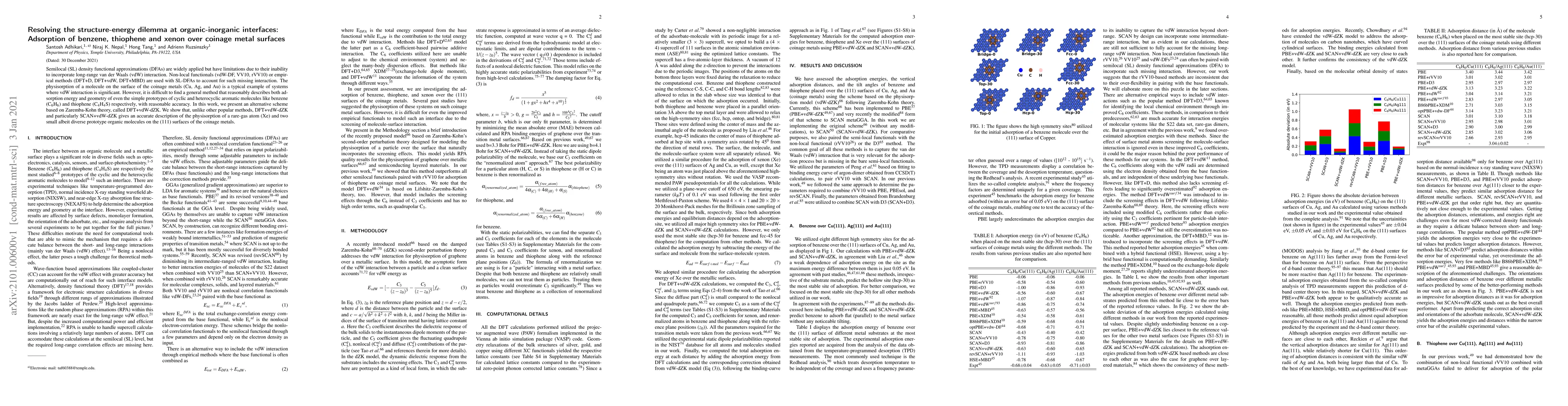 Thumbnail for Resolving the structure-energy dilemma at organic-inorganic interfaces:
  Adsorption of benzene, thiophene, and xenon over coinage metal surfaces