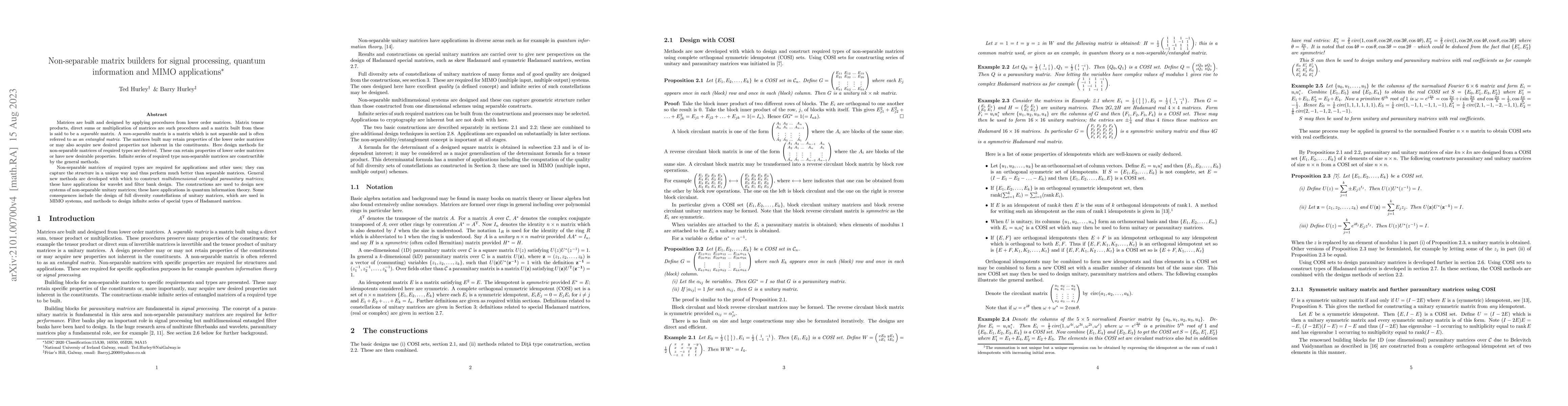 Thumbnail for Non-separable matrix builders for signal processing, quantum information
  and MIMO applications
