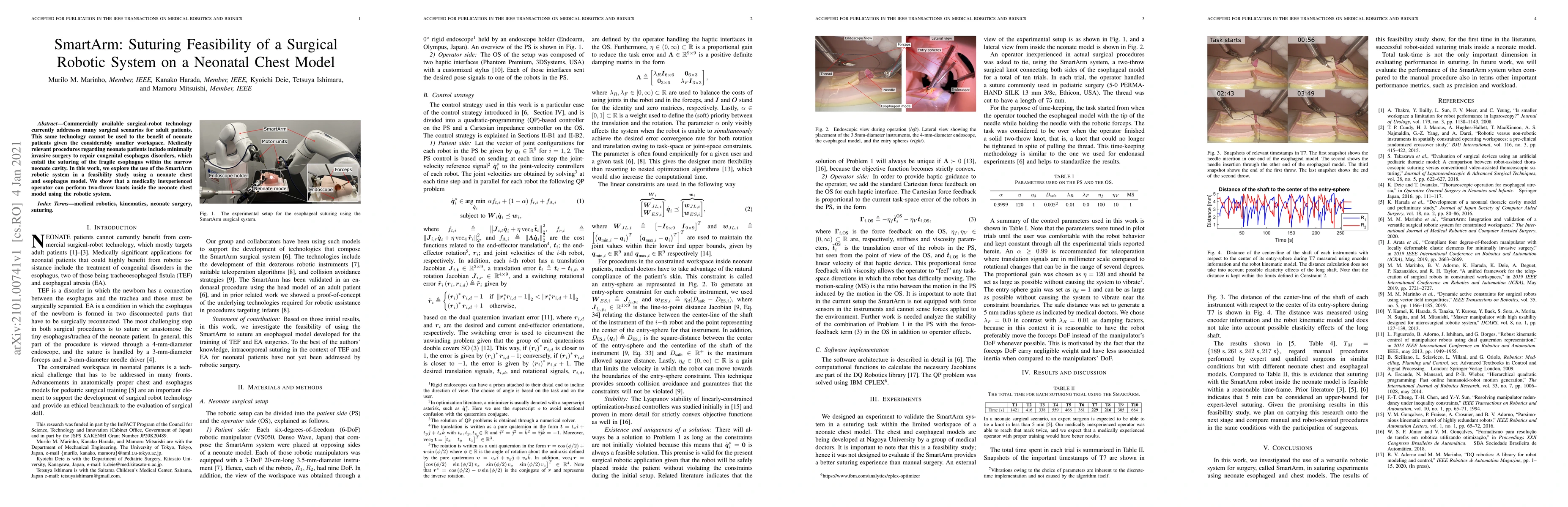 Thumbnail for SmartArm: Suturing Feasibility of a Surgical Robotic System on a
  Neonatal Chest Model