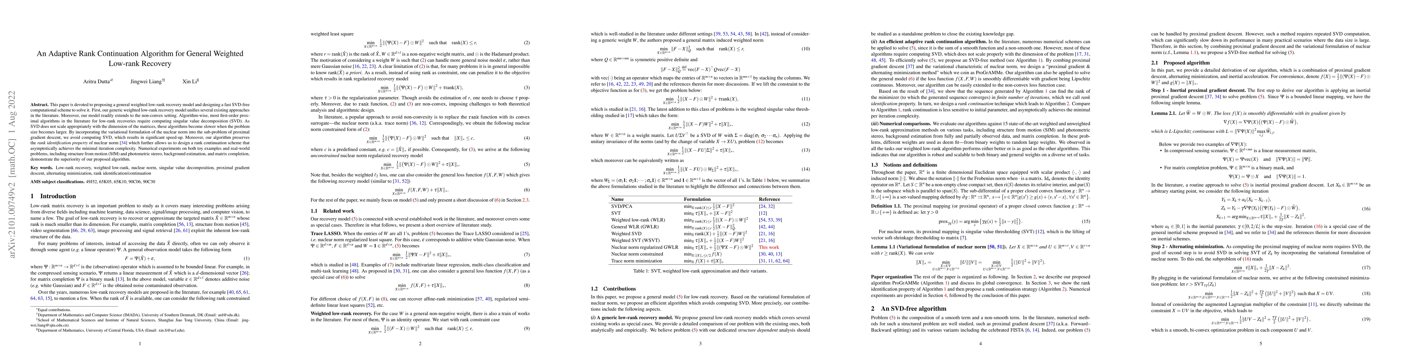 Thumbnail for An Adaptive Rank Continuation Algorithm for General Weighted Low-rank
  Recovery