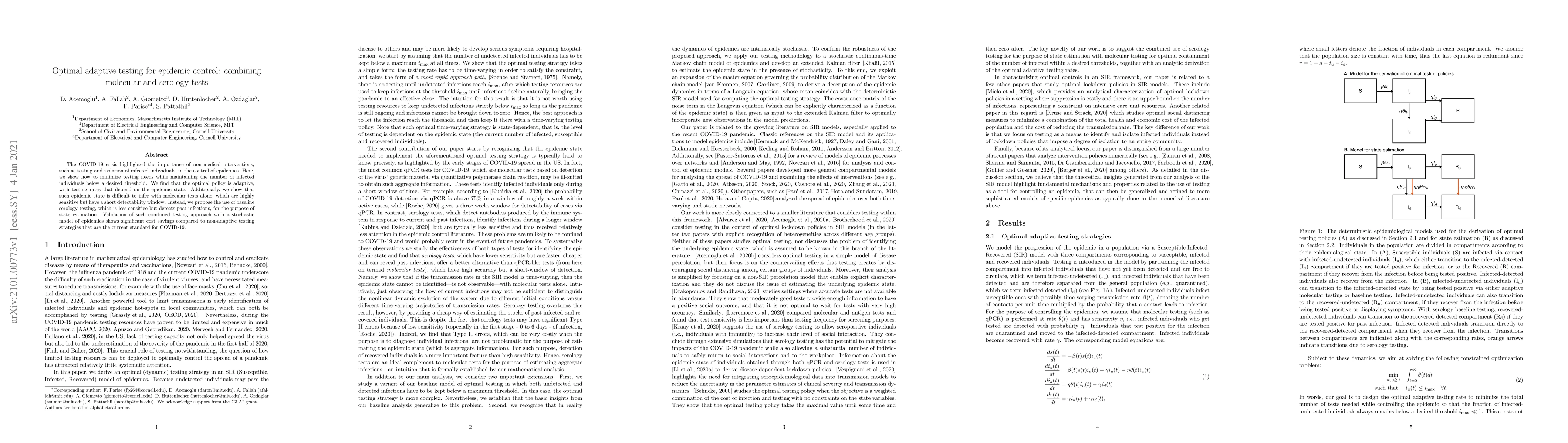Thumbnail for Optimal adaptive testing for epidemic control: combining molecular and
  serology tests
