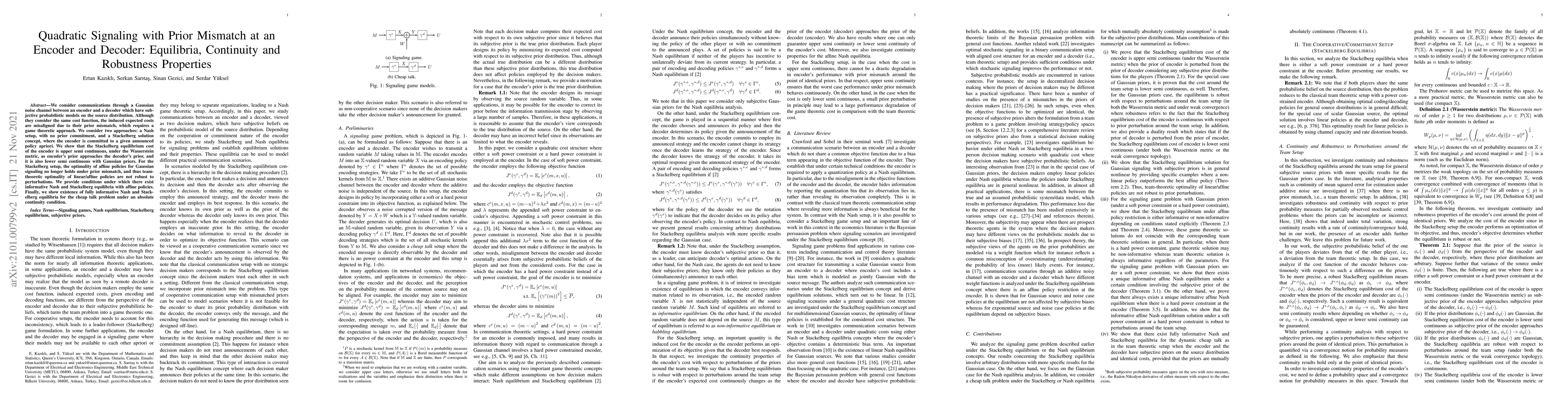 Thumbnail for Quadratic Signaling with Prior Mismatch at an Encoder and Decoder:
  Equilibria, Continuity and Robustness Properties