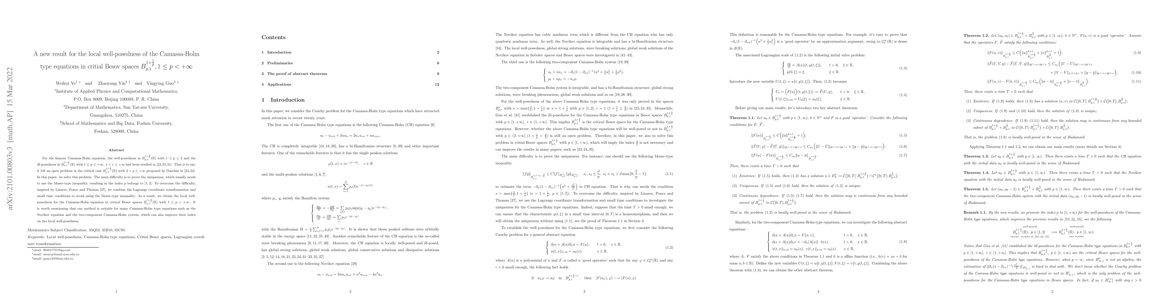 Thumbnail for A new result for the local well-posedness of the Camassa-Holm type
  equations in critial Besov spaces $B^{1+\frac{1}{p}}_{p,1},1\leq p<+\infty$