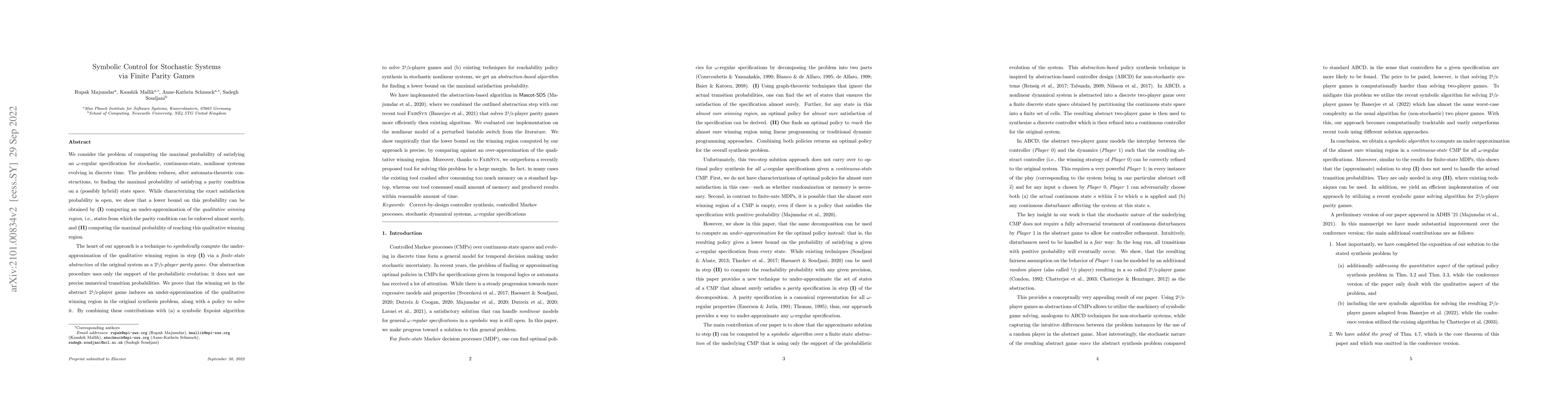 Thumbnail for Symbolic Control for Stochastic Systems via Finite Parity Games