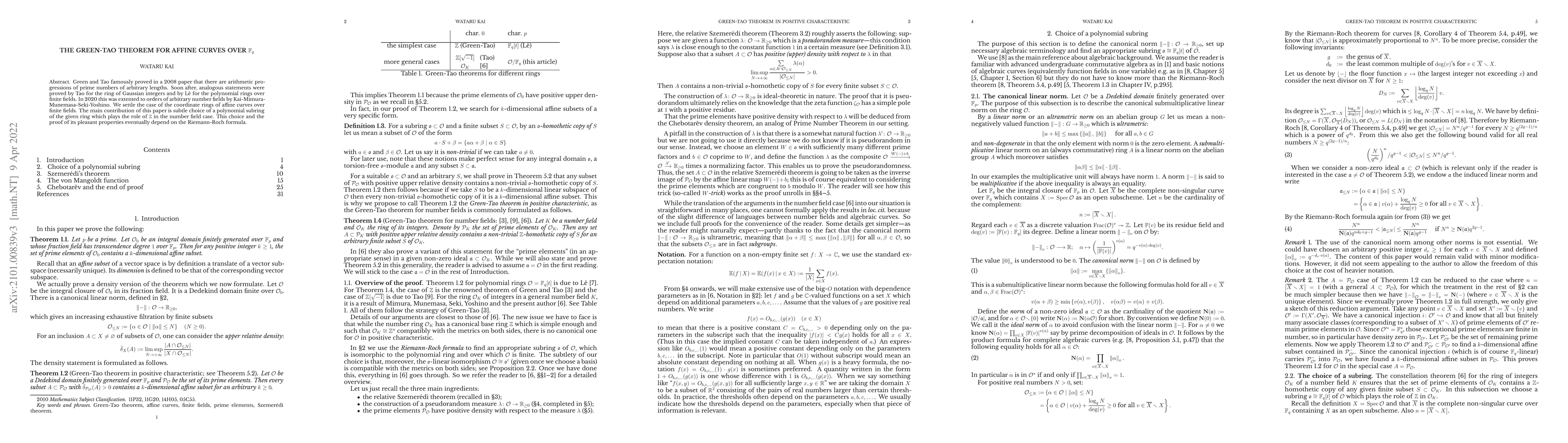 Thumbnail for The Green-Tao theorem for affine curves over F_q