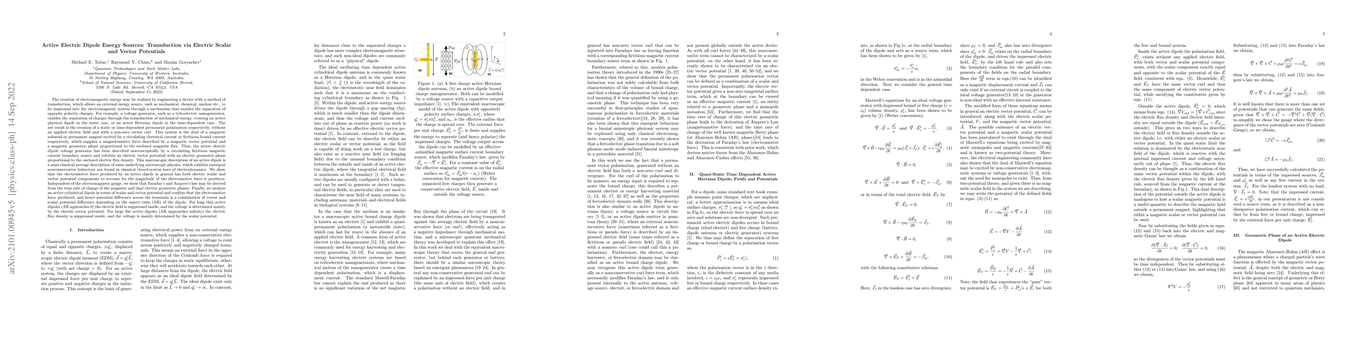 Thumbnail for Active Electric Dipole Energy Sources: Transduction via Electric Scalar
  and Vector Potentials