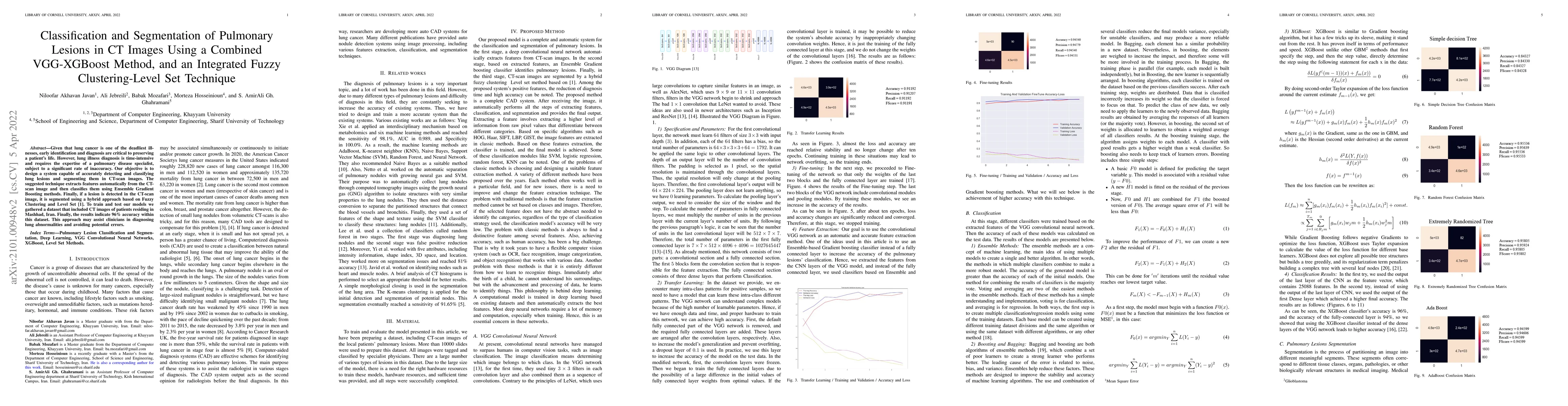 Thumbnail for Classification and Segmentation of Pulmonary Lesions in CT Images Using
  a Combined VGG-XGBoost Method, and an Integrated Fuzzy Clustering-Level Set
  Technique