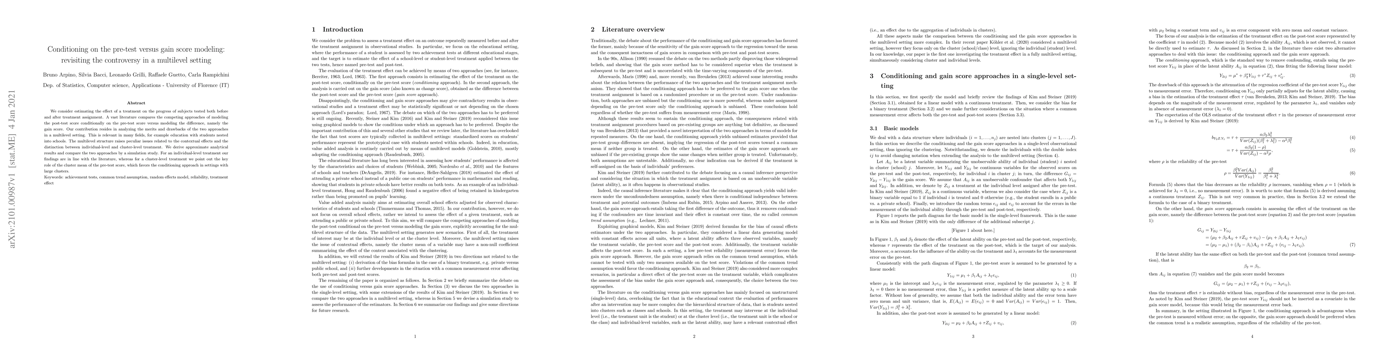 Thumbnail for Conditioning on the pre-test versus gain score modeling: revisiting the
  controversy in a multilevel setting