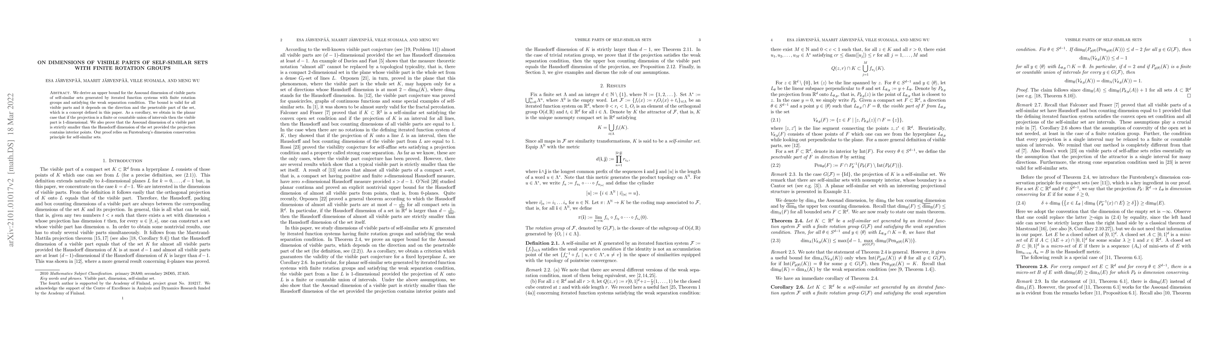 Thumbnail for On dimensions of visible parts of self-similar sets with finite rotation
  groups