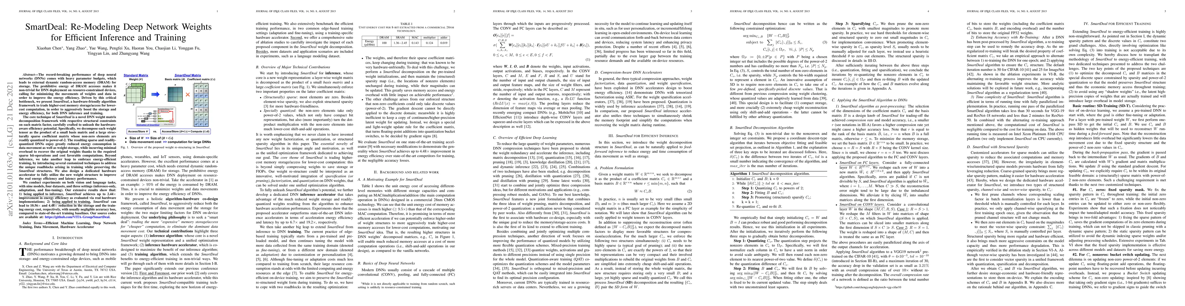 Thumbnail for SmartDeal: Re-Modeling Deep Network Weights for Efficient Inference and
  Training