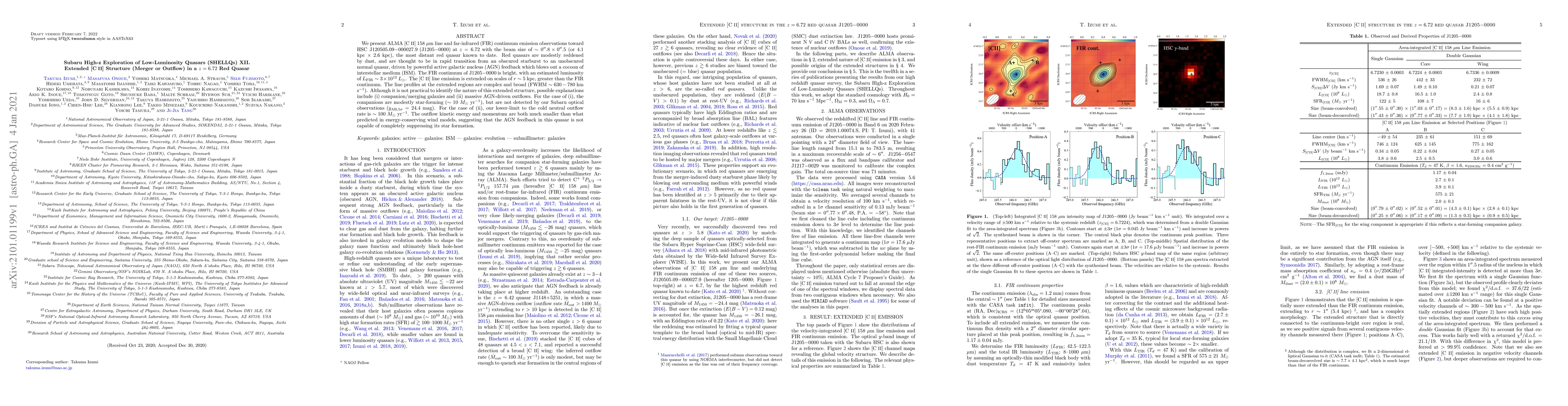 Thumbnail for Subaru High-z Exploration of Low-Luminosity Quasars (SHELLQs) XII.
  Extended [C II] Structure (Merger or Outflow) in a z = 6.72 Red Quasar