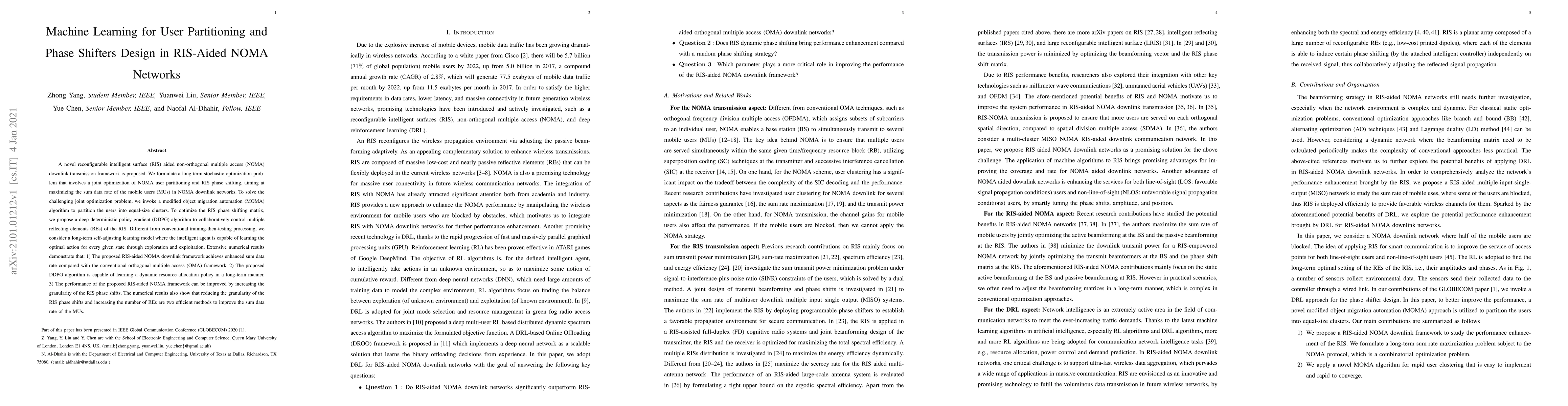 Thumbnail for Machine Learning for User Partitioning and Phase Shifters Design in
  RIS-Aided NOMA Networks