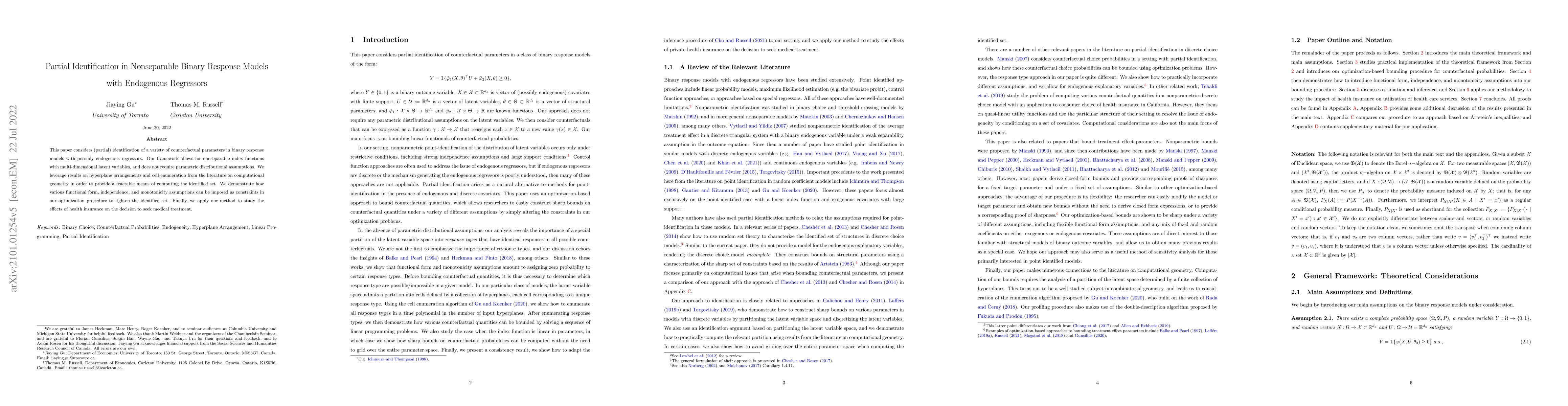 Thumbnail for Partial Identification in Nonseparable Binary Response Models with
  Endogenous Regressors