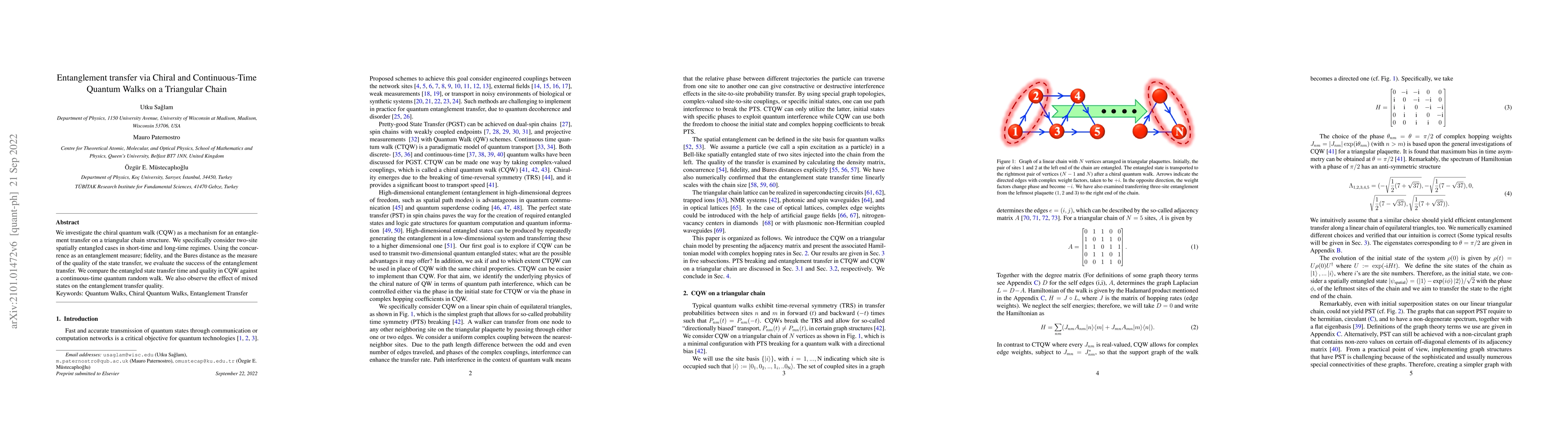 Thumbnail for Entanglement transfer via Chiral Quantum Walk on a Triangular Chain