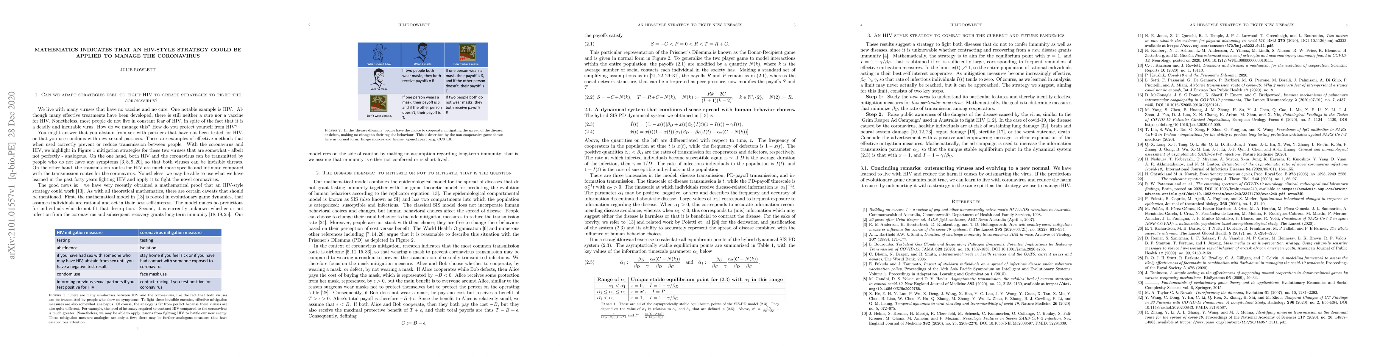 Thumbnail for Mathematics Indicates That an HIV-Style Strategy Could Be Applied to
  Manage the Coronavirus
