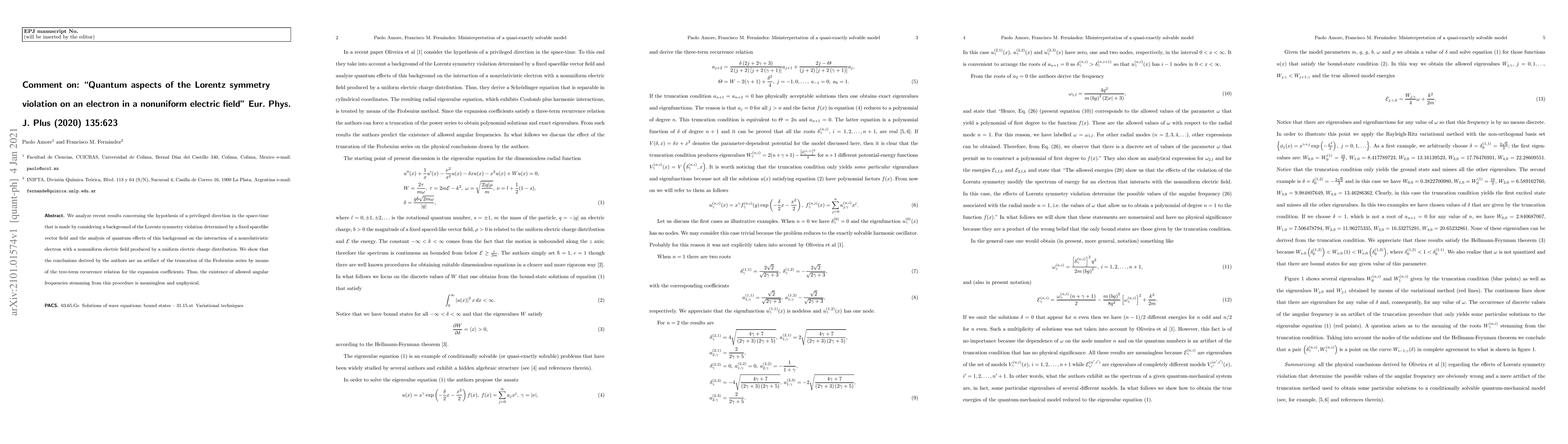 Thumbnail for Comment on: "Quantum aspects of the Lorentz symmetry violation on an
  electron in a nonuniform electric field'' Eur. Phys. J. Plus (2020) 135:623