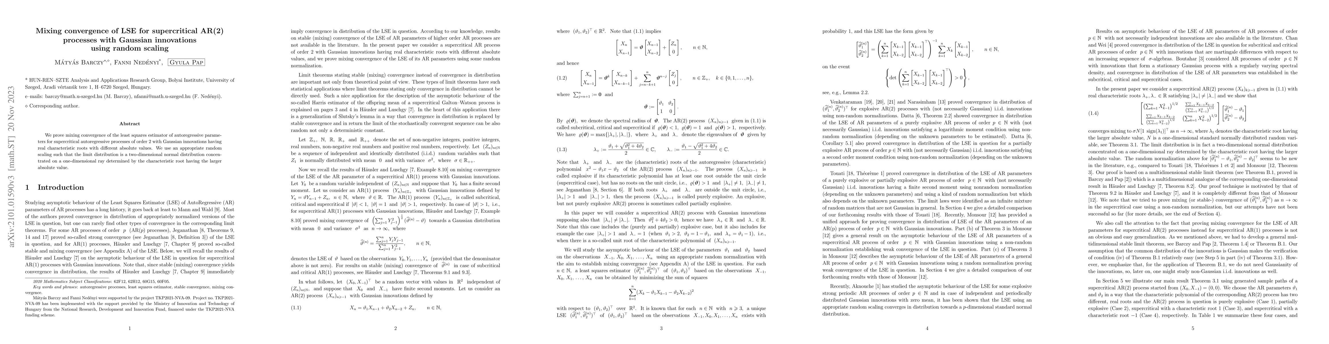 Thumbnail for Mixing convergence of LSE for supercritical AR(2) processes with
  Gaussian innovations using random scaling