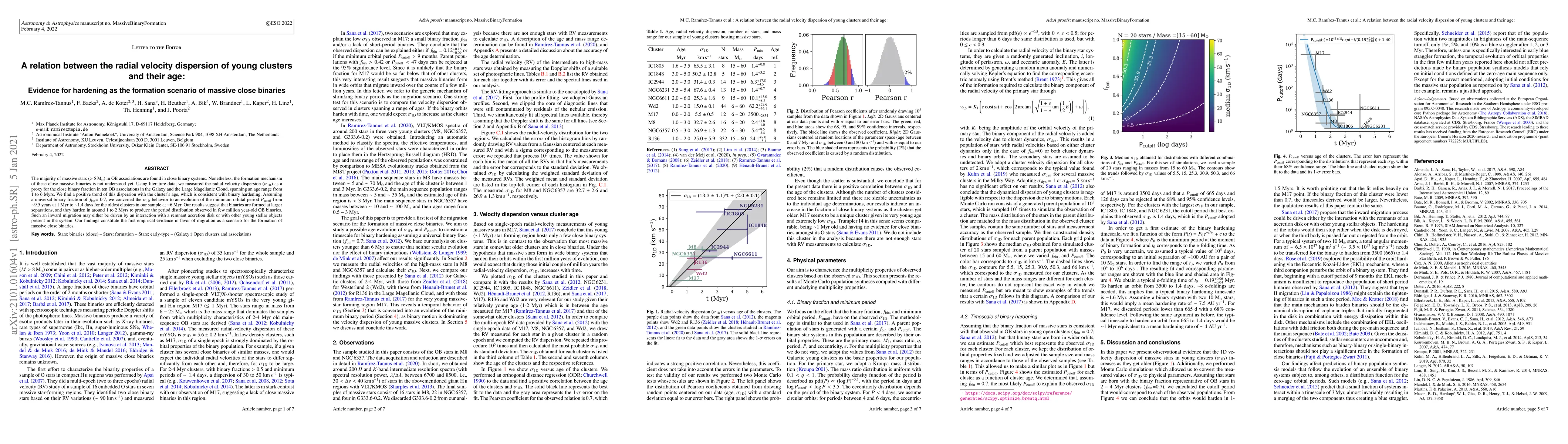 Thumbnail for A relation between the radial velocity dispersion of young clusters and
  their age: Evidence for hardening as the formation scenario of massive close
  binaries