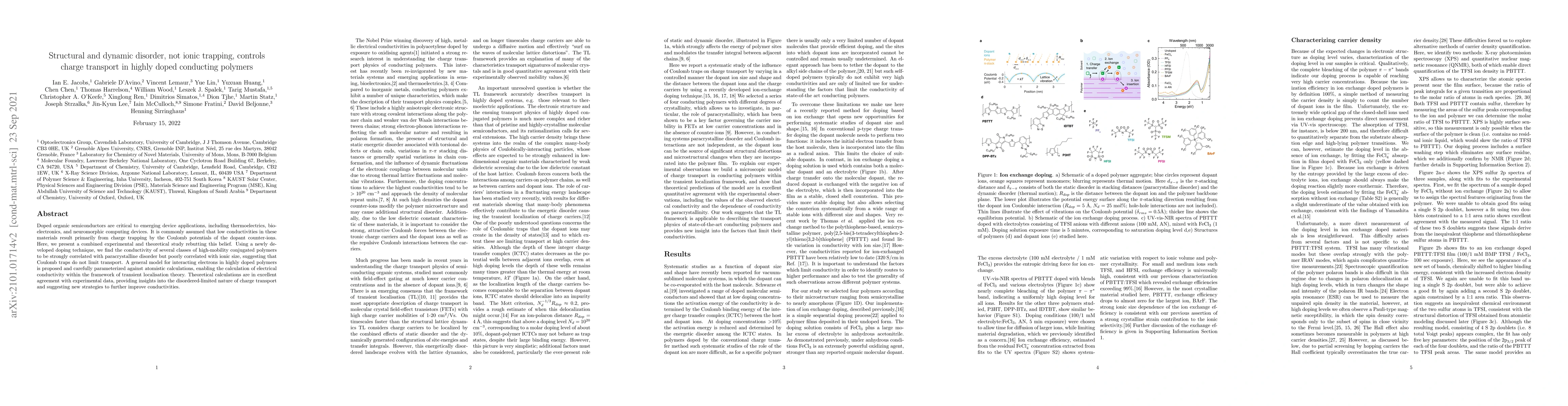 Thumbnail for Structural and dynamic disorder, not ionic trapping, controls charge
  transport in highly doped conducting polymers