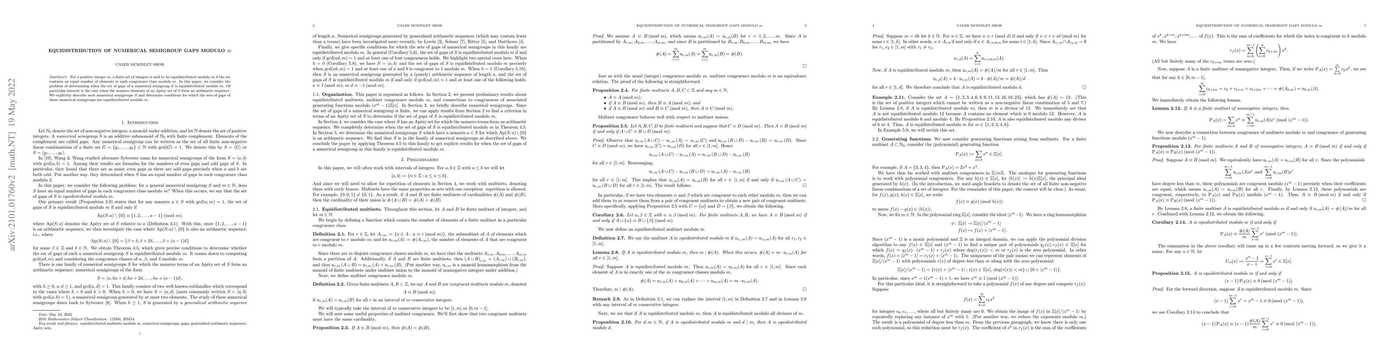 Thumbnail for Equidistribution of numerical semigroup gaps modulo $m$