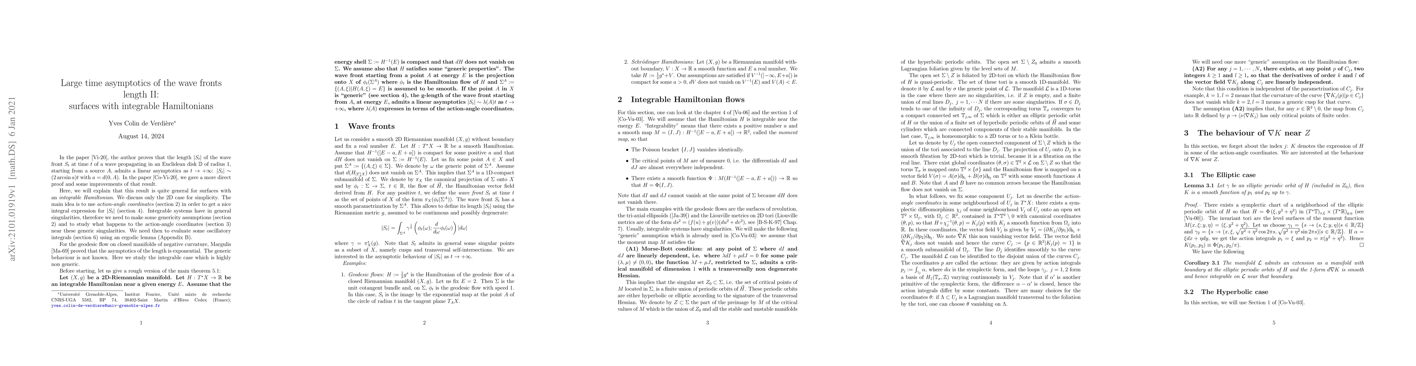 Thumbnail for Large time asymptotics of the wave fronts length II: surfaces with
  integrable Hamiltonians