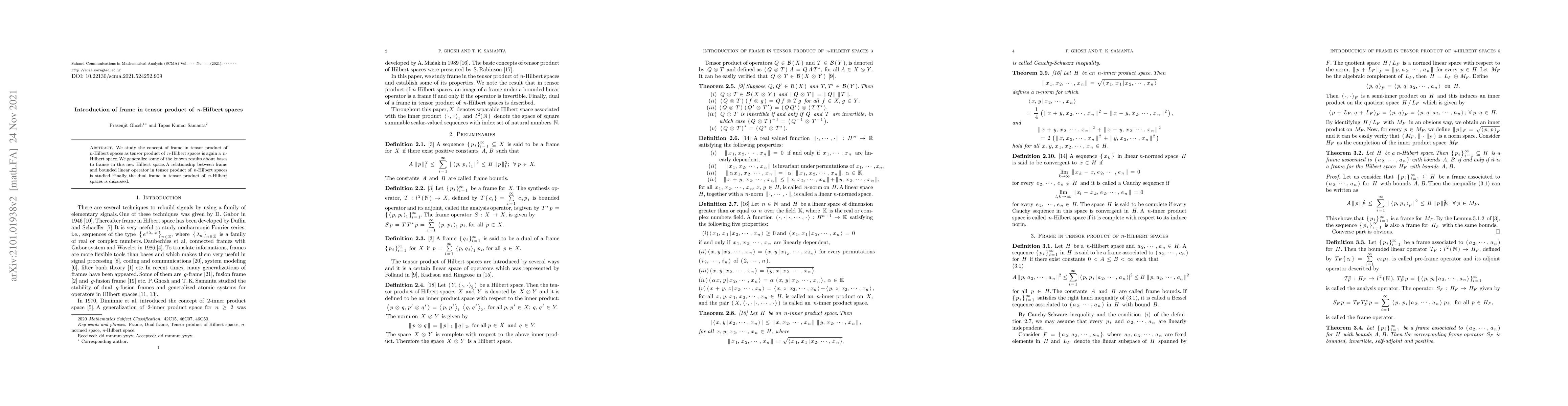 Thumbnail for Introduction of frame in tensor product of n-Hilbert spaces