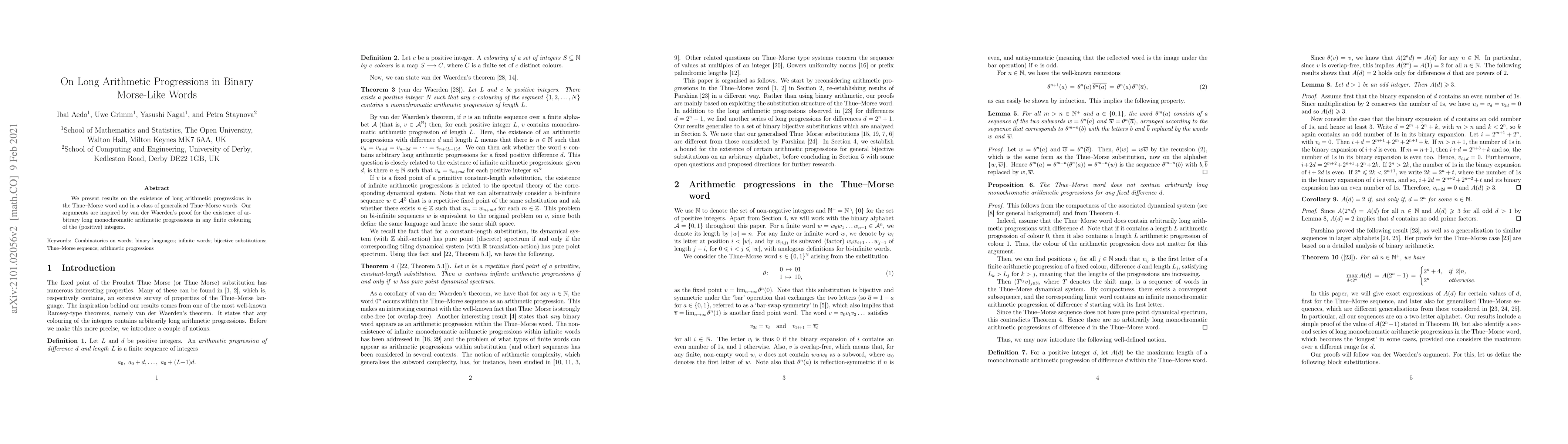 Thumbnail for On long arithmetic progressions in binary Morse-like words