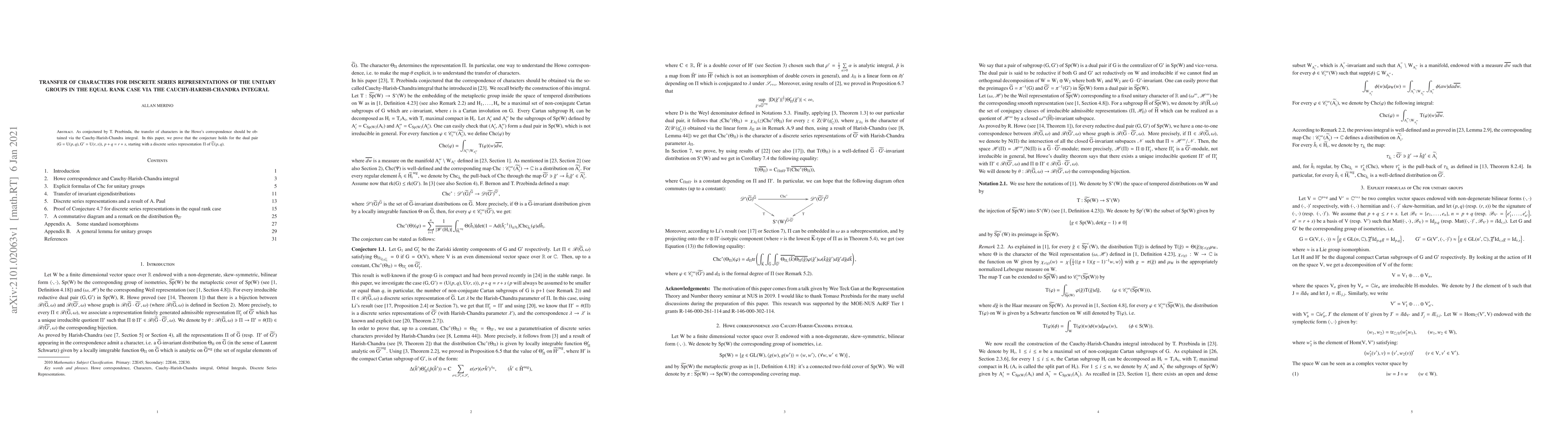 Thumbnail for Transfer of characters for discrete series representations of the
  unitary groups in the equal rank case via the Cauchy-Harish-Chandra integral