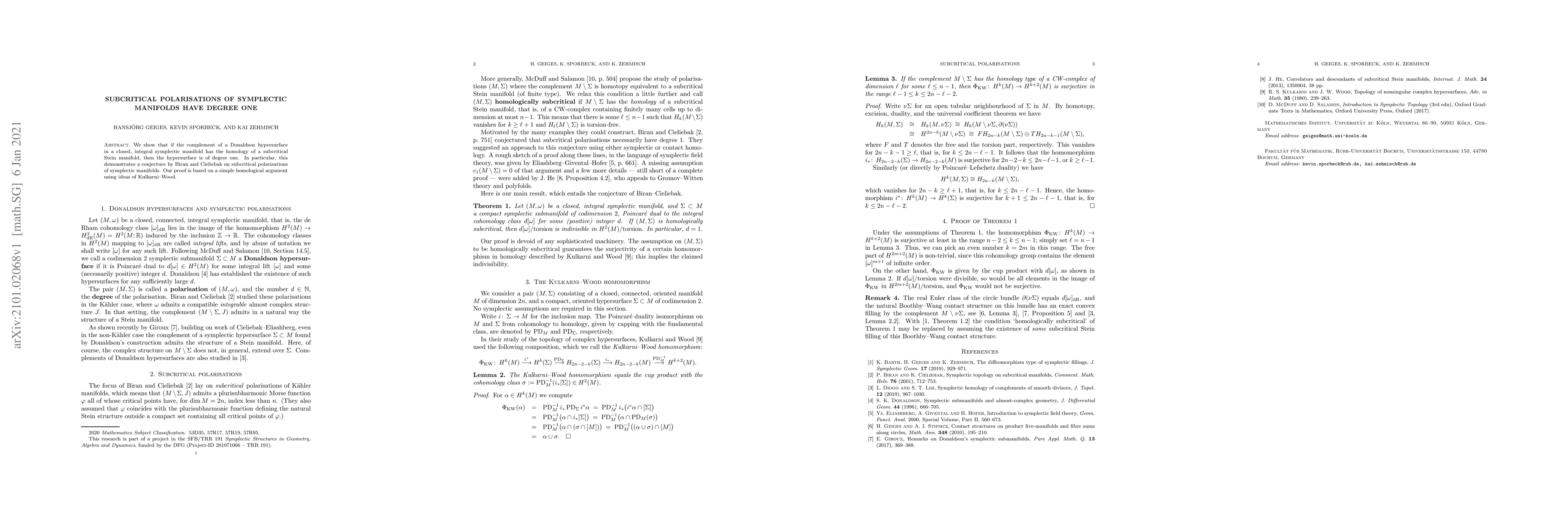Thumbnail for Subcritical polarisations of symplectic manifolds have degree one