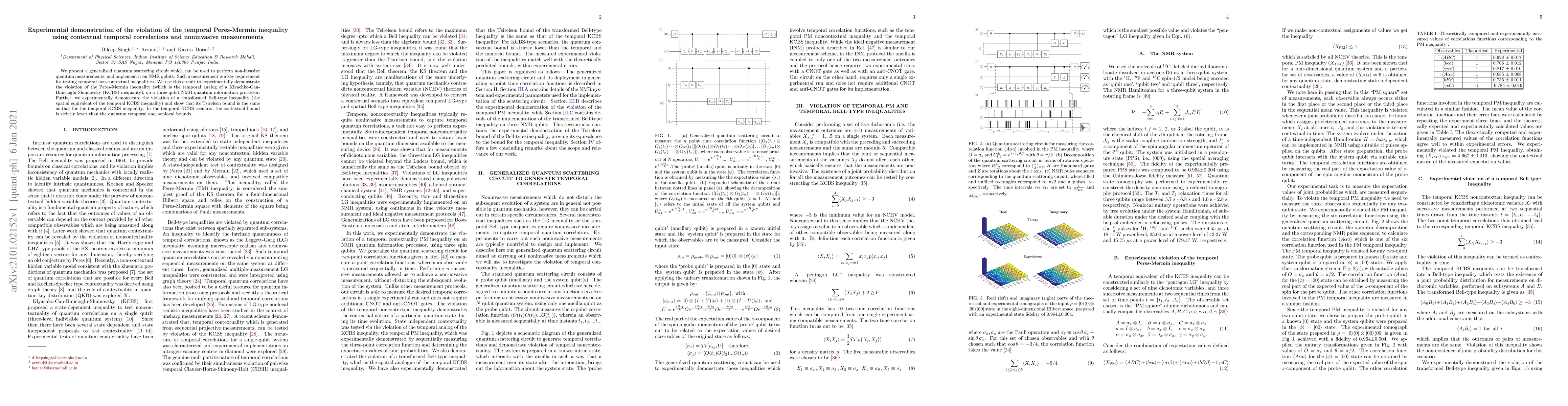 Thumbnail for Experimental demonstration of the violation of the temporal Peres-Mermin
  inequality using contextual temporal correlations and noninvasive
  measurements