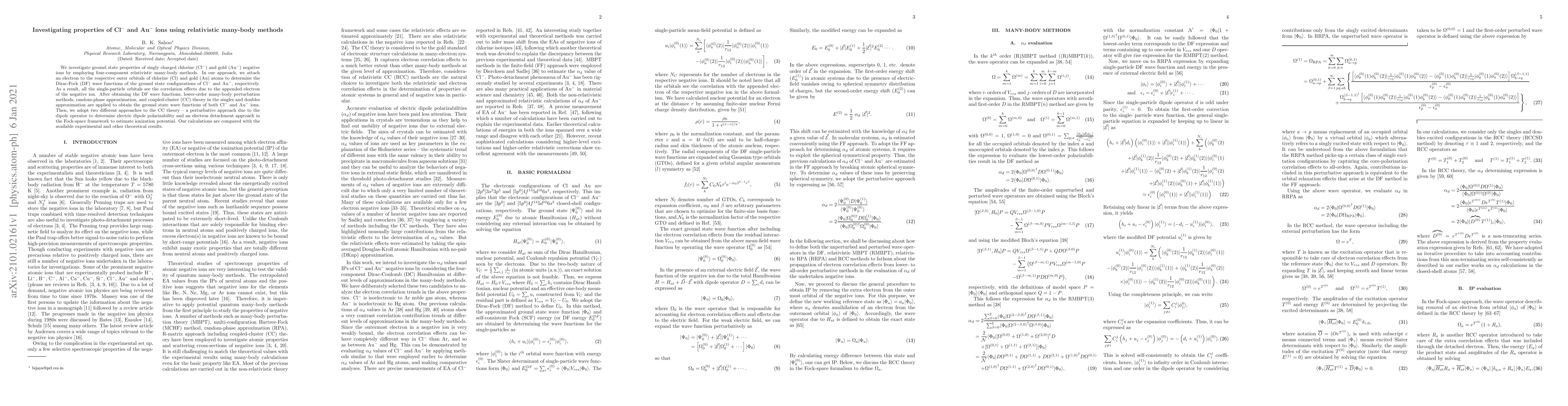 Thumbnail for Investigating properties of Cl$^-$ and Au$^-$ ions using relativistic
  many-body methods