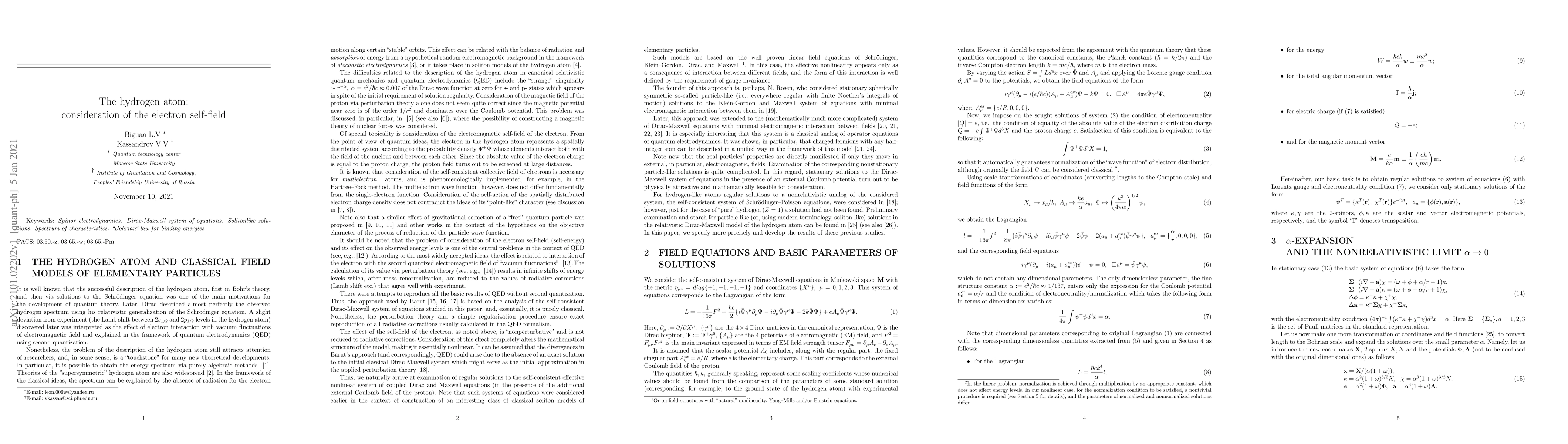 Thumbnail for The hydrogen atom: consideration of the electron self-field