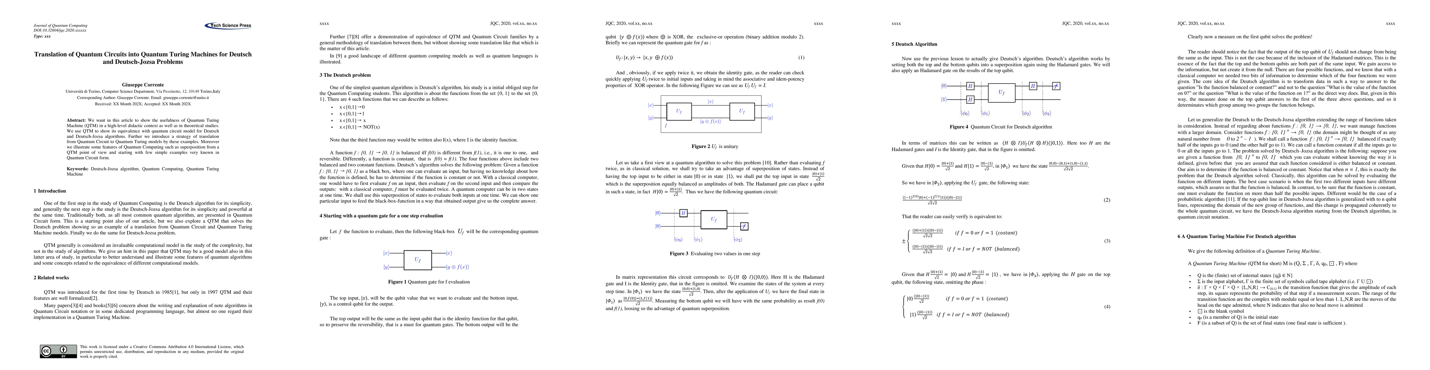 Thumbnail for Translation of Quantum Circuits into Quantum Turing Machines for Deutsch
  and Deutsch-Jozsa Problems