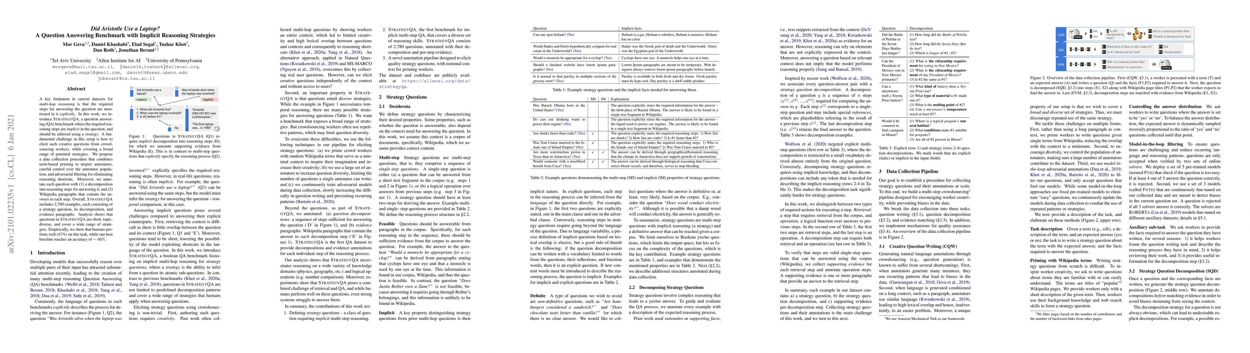 Thumbnail for Did Aristotle Use a Laptop? A Question Answering Benchmark with Implicit
  Reasoning Strategies