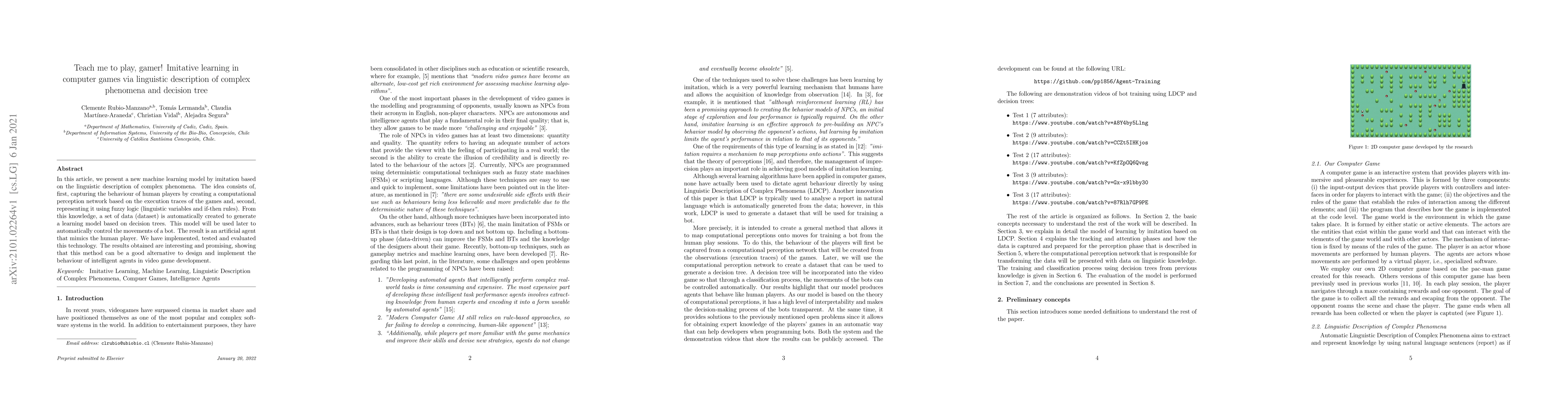 Thumbnail for Teach me to play, gamer! Imitative learning in computer games via
  linguistic description of complex phenomena and decision tree