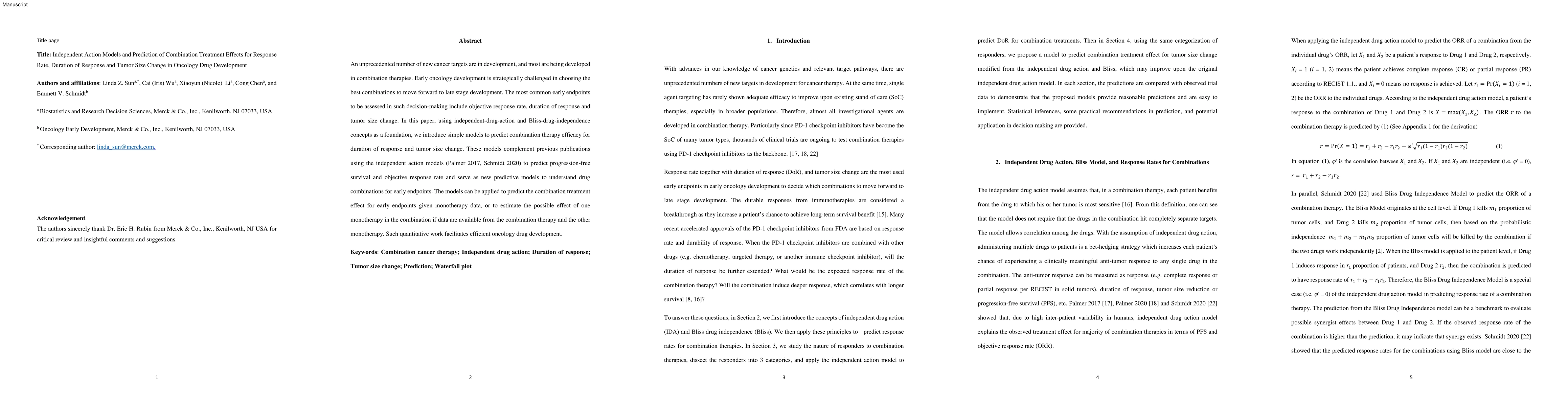 Thumbnail for Independent Action Models and Prediction of Combination Treatment
  Effects for Response Rate, Duration of Response and Tumor Size Change in
  Oncology Drug Development