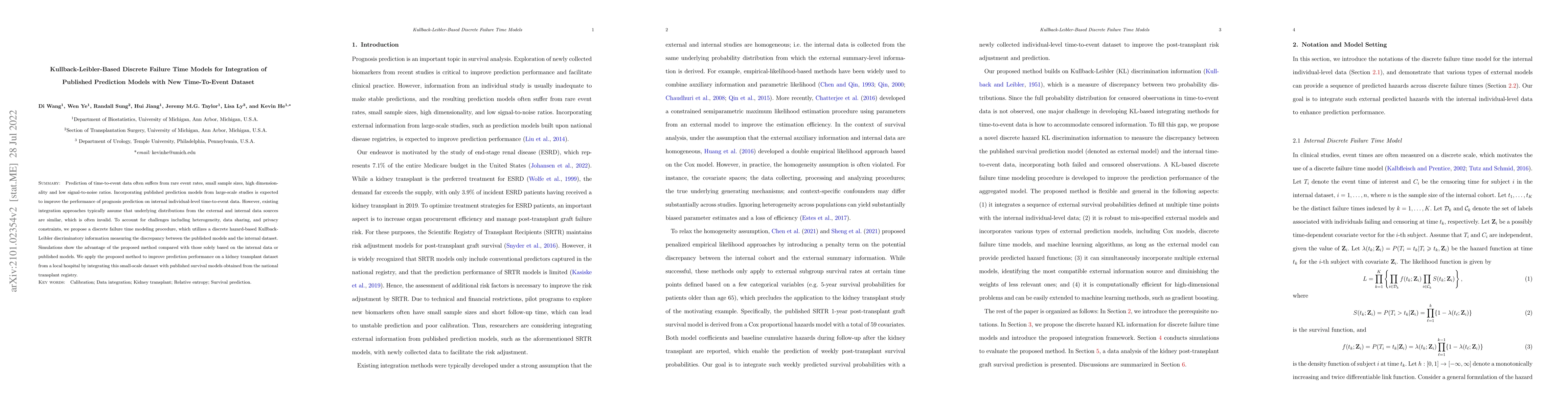 Thumbnail for Kullback-Leibler-Based Discrete Failure Time Models for Integration of
  Published Prediction Models with New Time-To-Event Dataset
