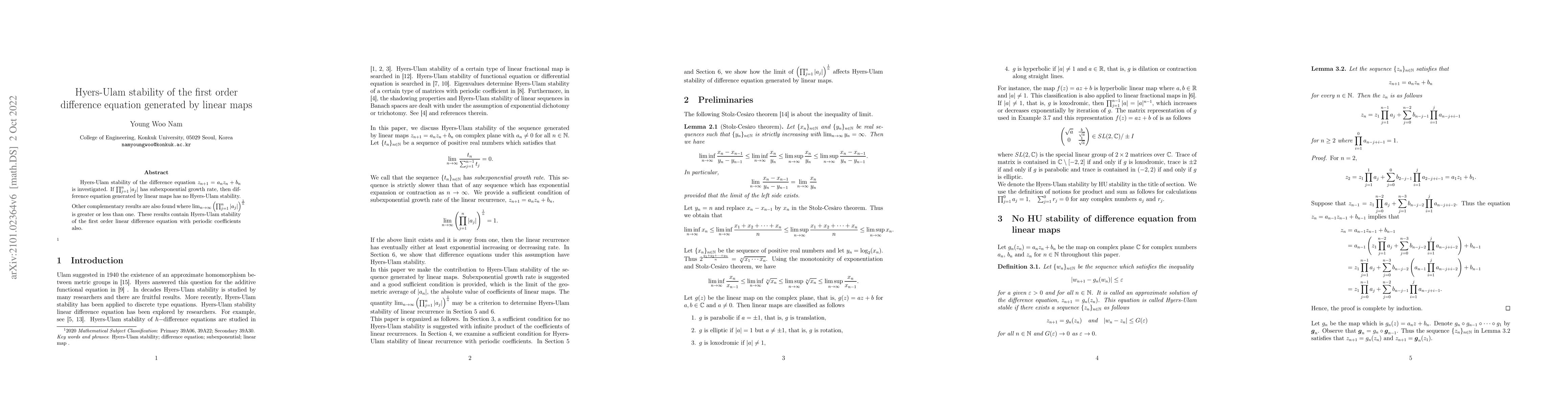 Thumbnail for Hyers-Ulam stability of the first order difference equation generated by
  linear maps
