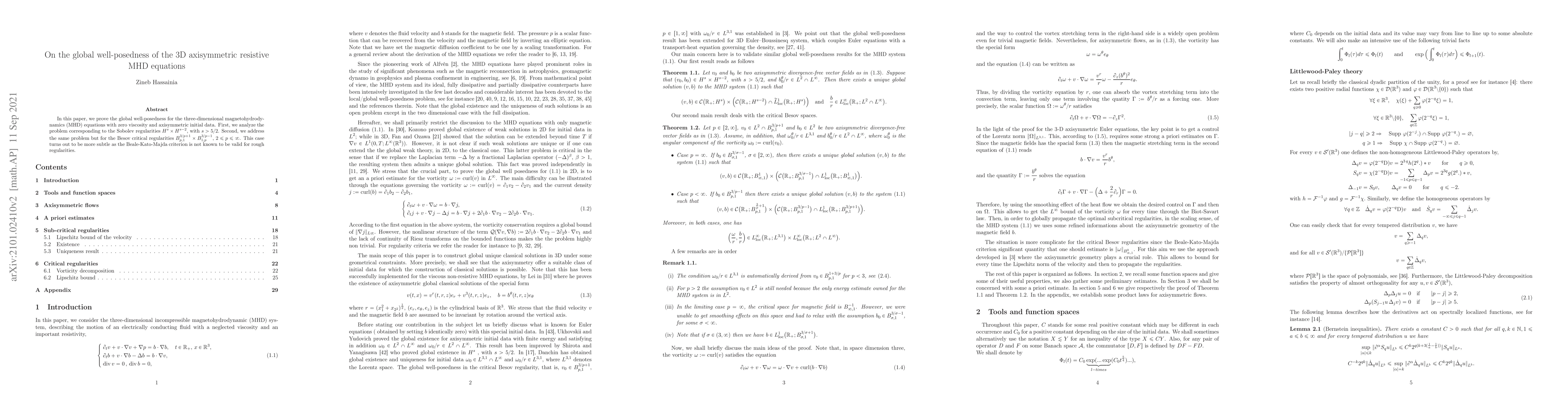 Thumbnail for On the global well-posedness of the 3D axisymmetric resistive MHD
  equations
