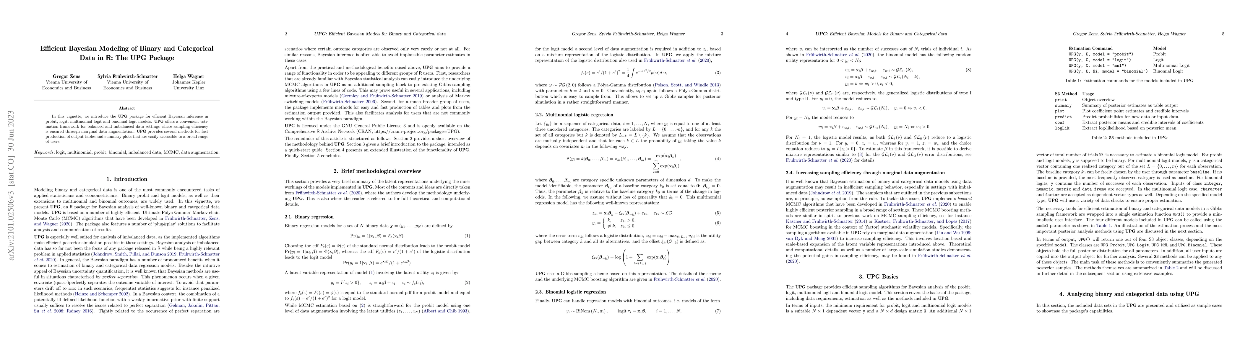Thumbnail for Efficient Bayesian Modeling of Binary and Categorical Data in R: The UPG
  Package