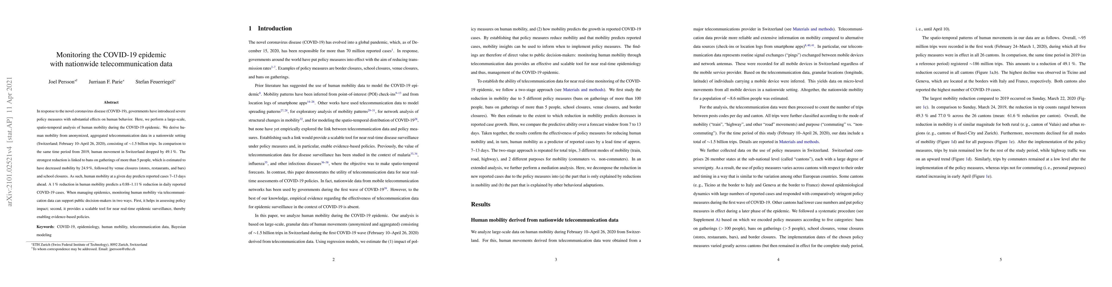 Thumbnail for Monitoring the COVID-19 epidemic with nationwide telecommunication data