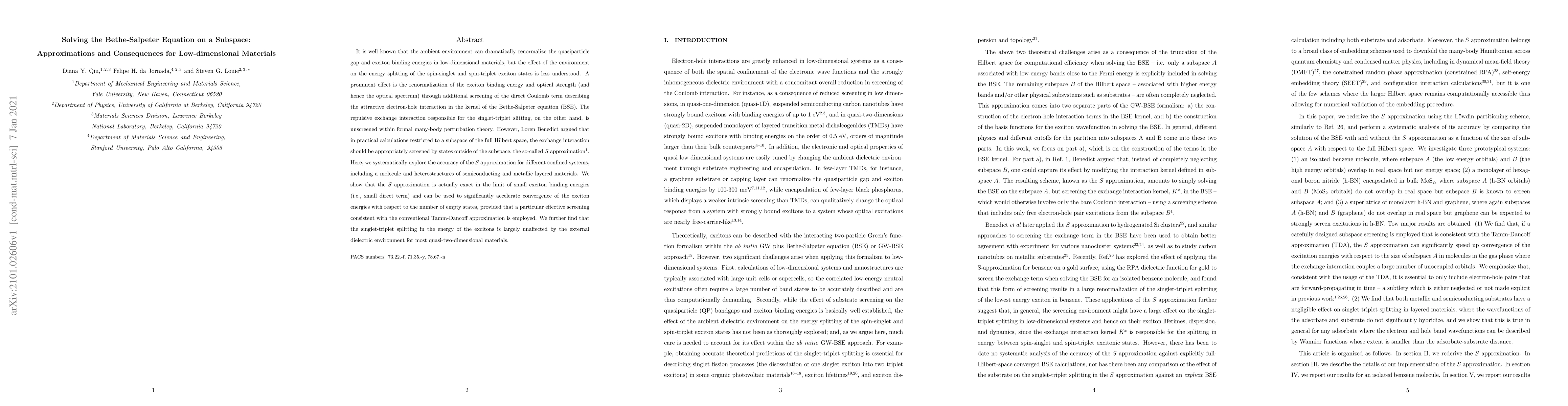 Thumbnail for Solving the Bethe-Salpeter Equation on a Subspace: Approximations and
  Consequences for Low-dimensional Materials