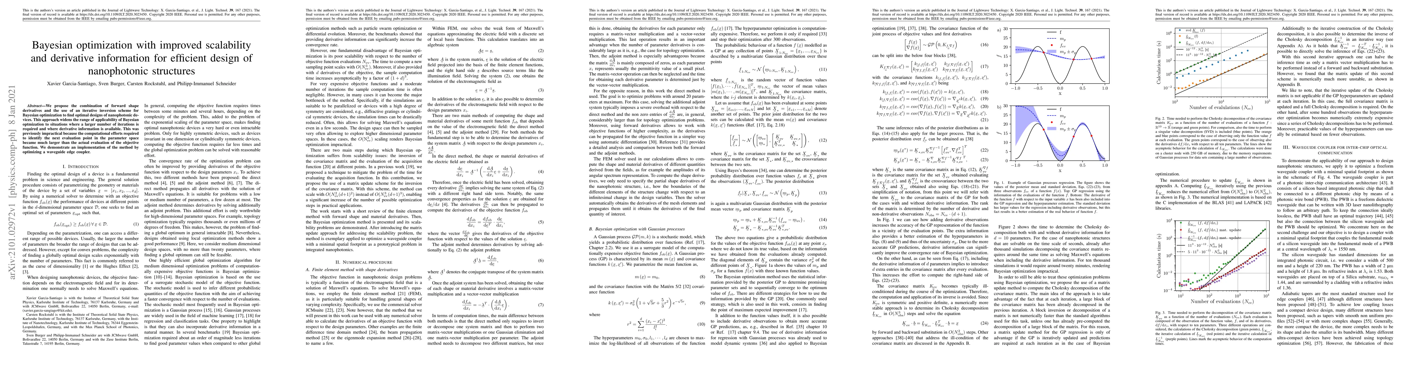 Thumbnail for Bayesian optimization with improved scalability and derivative
  information for efficient design of nanophotonic structures