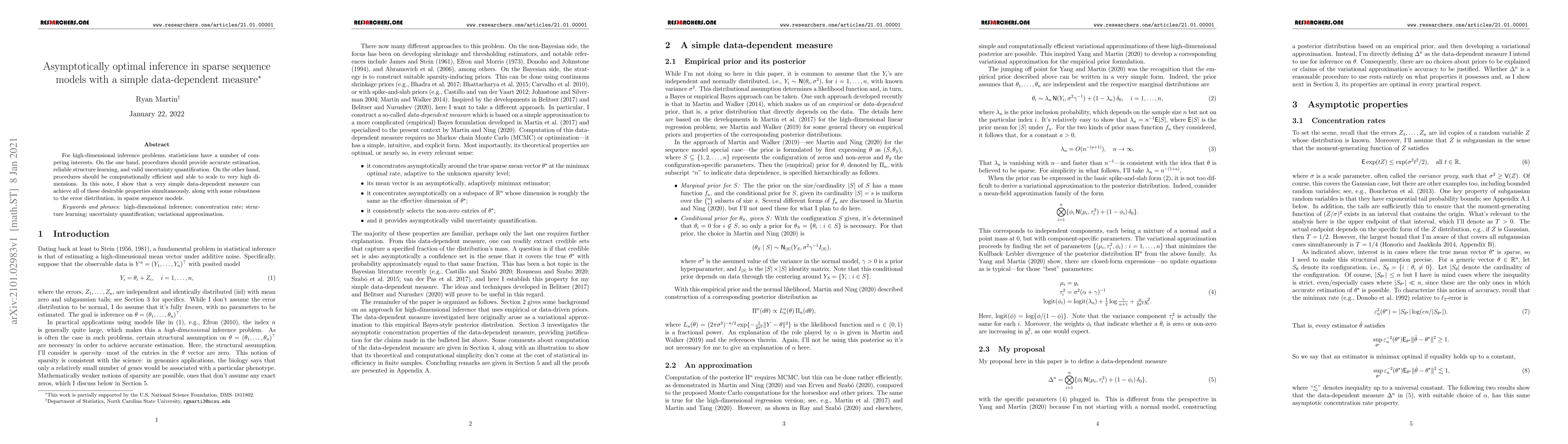 Thumbnail for Asymptotically optimal inference in sparse sequence models with a simple
  data-dependent measure