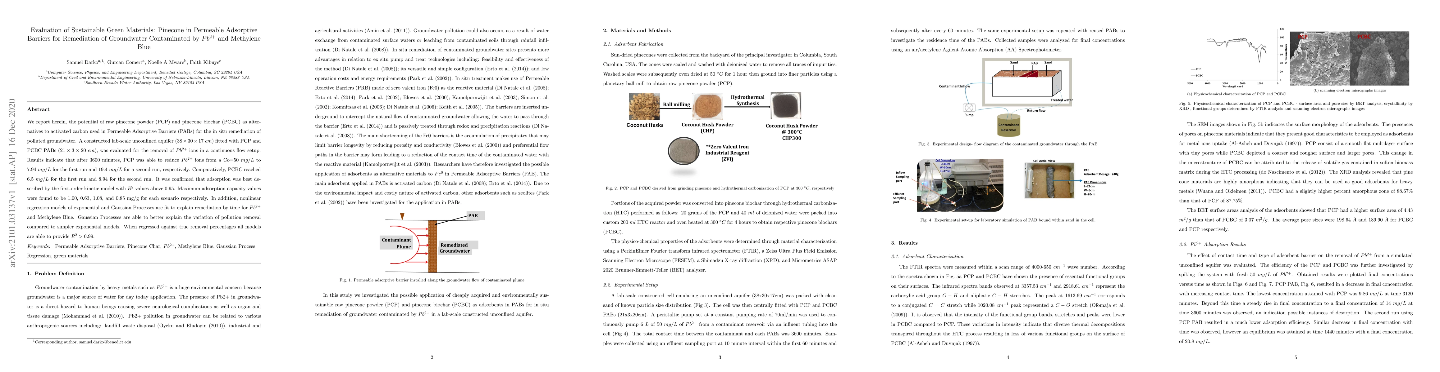 Thumbnail for Evaluation of Sustainable Green Materials: Pinecone in Permeable
  Adsorptive Barriers for Remediation of Groundwater Contaminated by $Pb^{2+}$
  and Methylene Blue
