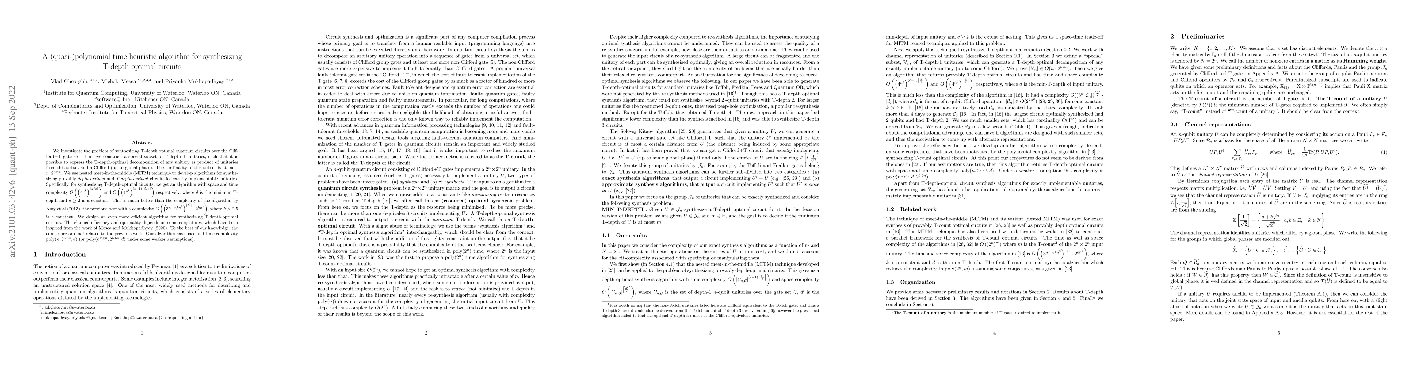 Thumbnail for A (quasi-)polynomial time heuristic algorithm for synthesizing T-depth
  optimal circuits