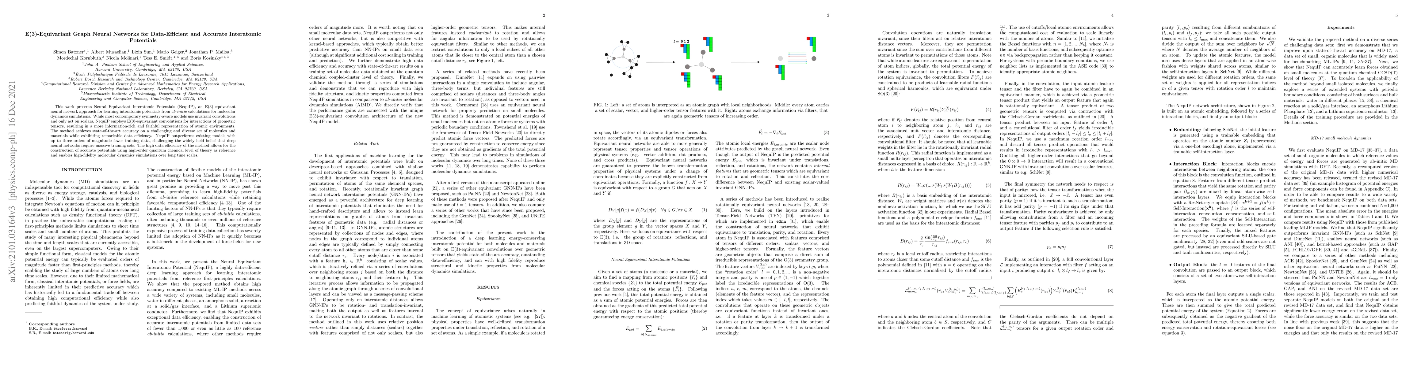 Thumbnail for E(3)-Equivariant Graph Neural Networks for Data-Efficient and Accurate
  Interatomic Potentials