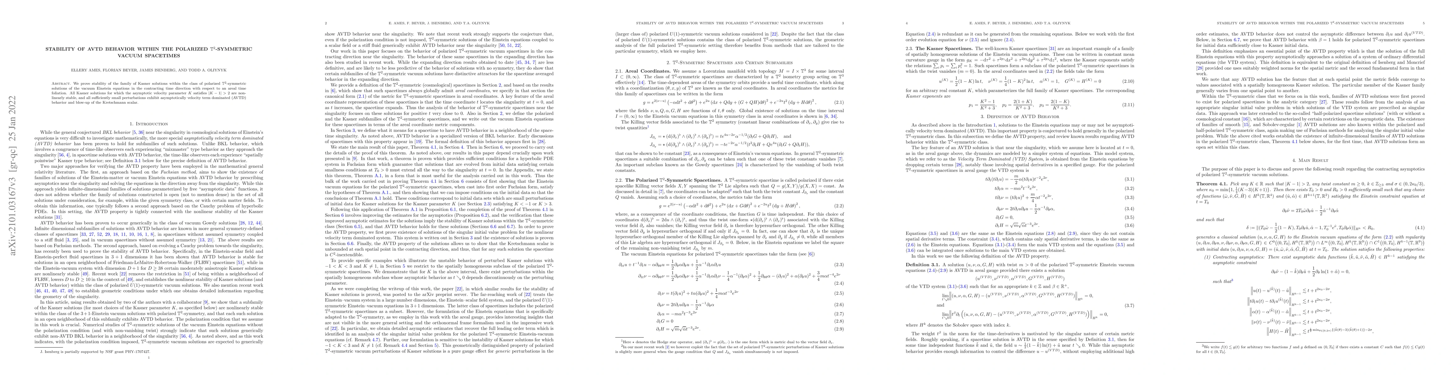 Thumbnail for Stability of AVTD Behavior within the Polarized $T^2$-symmetric vacuum
  spacetimes