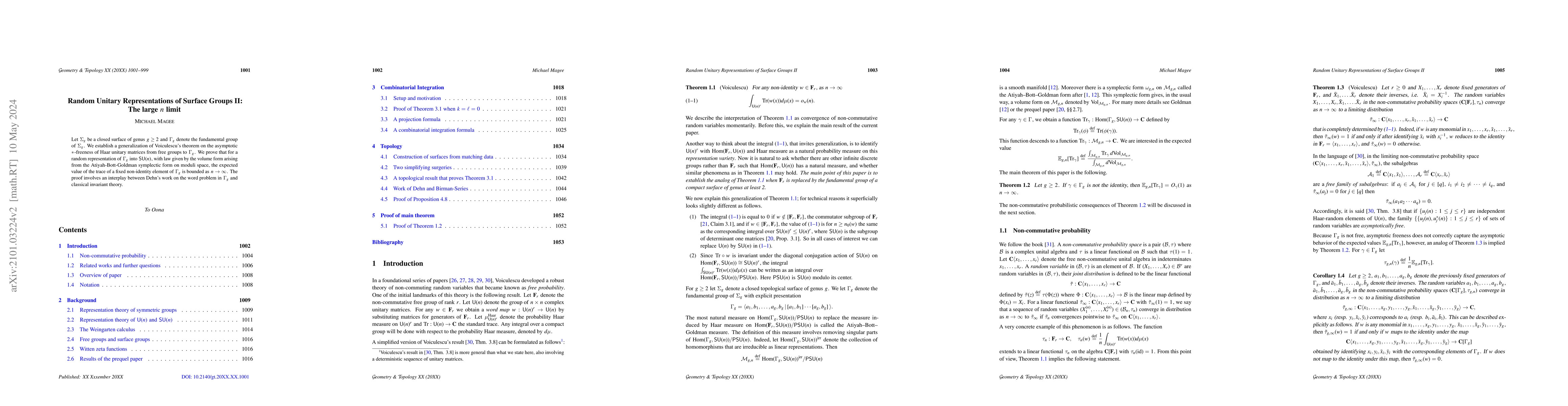 Thumbnail for Random Unitary Representations of Surface Groups II: The large $n$ limit